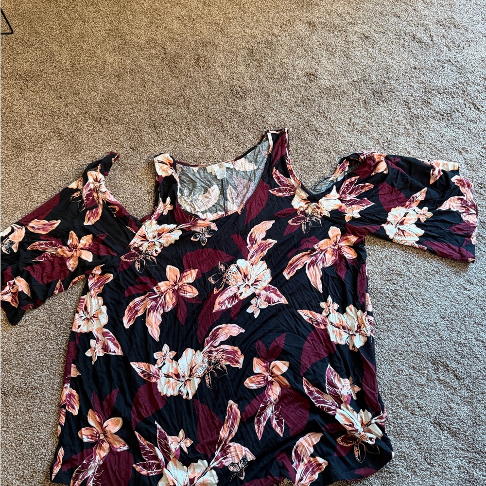 VENUS Floral Cold Shoulder Blouse - Black and Burgundy